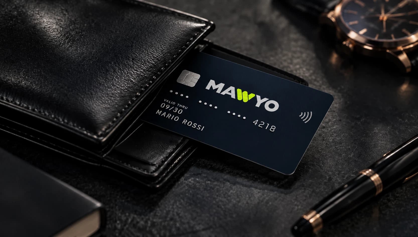 MAWYO debit card in a wallet