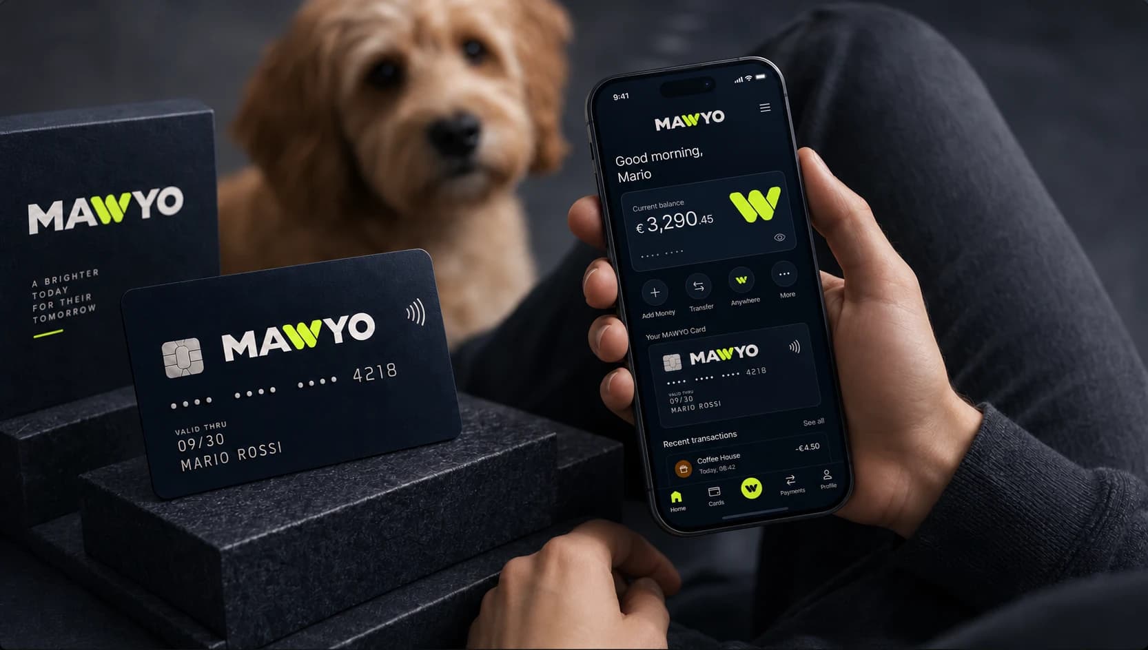 MAWYO debit card and app, with a pet